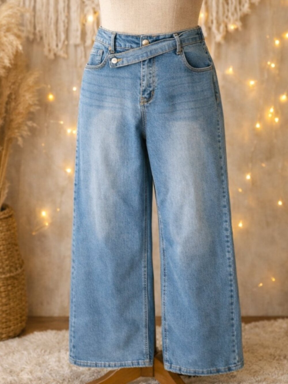 Evaless Light Wash Overlap Waist Jeans 14 Wide Leg Y2K High Rise Streetwear